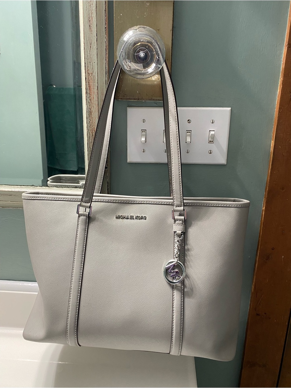 Michael Kors Light Gray Saffiano Leather Tote with Logo Charm